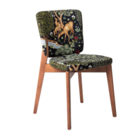 Product photo Safir chair, seat and backrest in front tapestry "By the stream", backrest in back velour imperia dark blue, legs beech, stain light walnut from the manufacturer ChiedoCover, product picture, real product photo