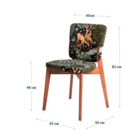 Product photo Safir chair, seat and backrest in front tapestry "By the stream", backrest in back velour imperia dark blue, legs beech, stain light walnut from the ChiedoCover company.