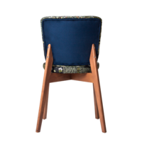 Product photo Safir chair, seat and backrest in front tapestry "By the stream", backrest in back velour imperia dark blue, legs beech, stain light walnut from the ChiedoCover company.